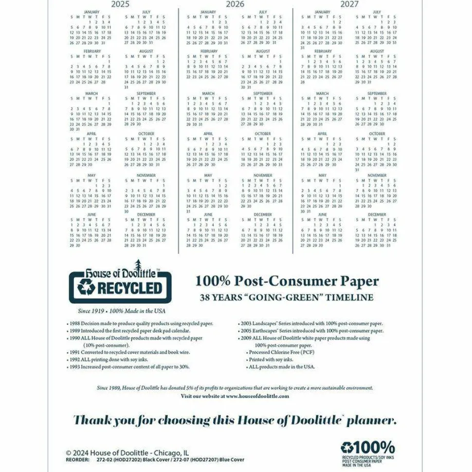 House of Doolittle Recycled Professional Weekly Planner, 15-Minute Appts, 11 x 8.5, Blue Wirebound Soft Cover, 12-Month (Jan to Dec): 2027, 2027 Calendar