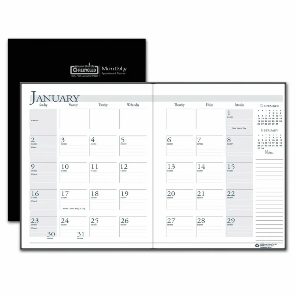 House of Doolittle Recycled Ruled 14-Month Planner with Leatherette Cover, 10 x 7, Black Cover, 14-Month: Dec 2026 to Jan 2028, 2027 Calendar