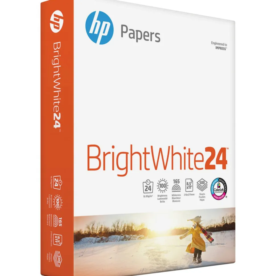 HP BrightWhite24 Inkjet Paper, 1 Ream, White, Letter Size (8 1/2" x 11"), Ream Of 500 Sheets, 24 Lb, 100 Brightness