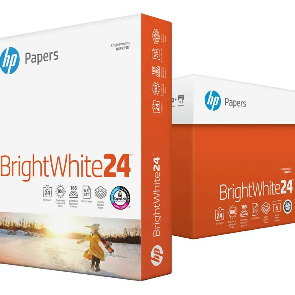 HP BrightWhite24 Inkjet Paper, 1 Ream, White, Letter Size (8 1/2" x 11"), Ream Of 500 Sheets, 24 Lb, 100 Brightness