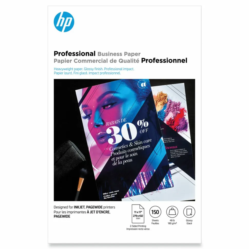 HP Brochure Inkjet Paper, Glossy, White, Ledger Size (11" x 17"), Pack Of 150 Sheets, 48 Lb, 98 Brightness