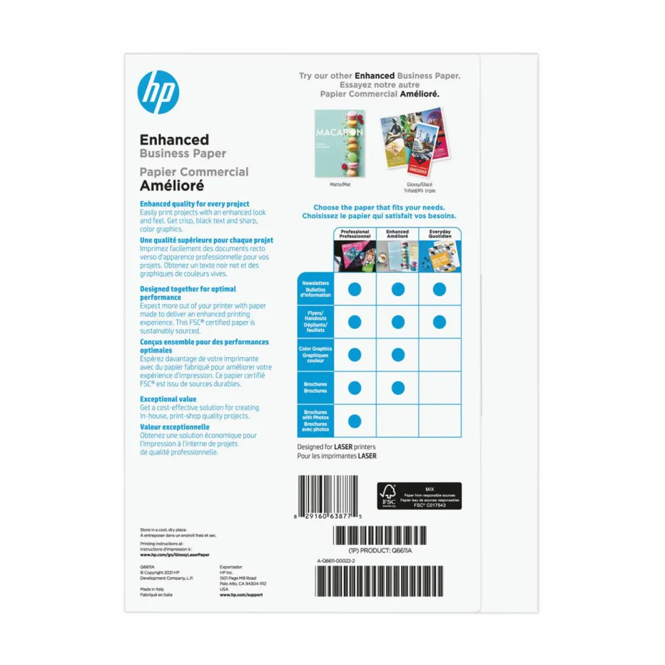 HP Enhanced Business Paper for Laser Printers, Glossy, Letter Size (8 1/2" x 11"), Heavy 40 Lb, Pack Of 150 Sheets (Q6611A)