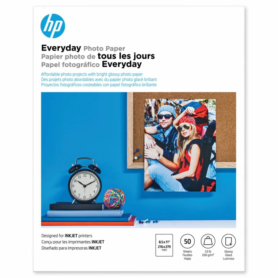 HP Everyday Photo Paper for Inkjet Printers, Glossy, Letter Size (8 1/2" x 11"), 53 Lb, Pack Of 50 Sheets (Q8723A)