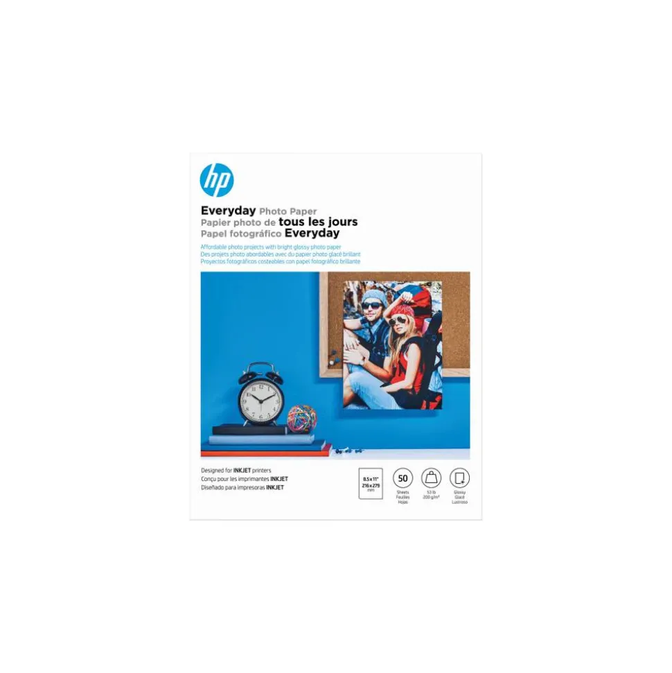 HP Everyday Photo Paper for Inkjet Printers, Glossy, Letter Size (8 1/2" x 11"), 53 Lb, Pack Of 50 Sheets (Q8723A)