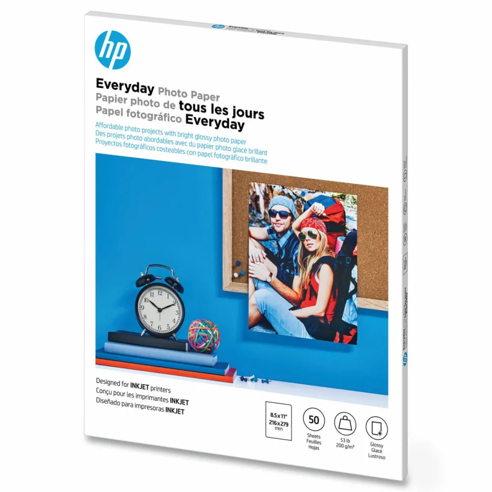 HP Everyday Photo Paper for Inkjet Printers, Glossy, Letter Size (8 1/2" x 11"), 53 Lb, Pack Of 50 Sheets (Q8723A)