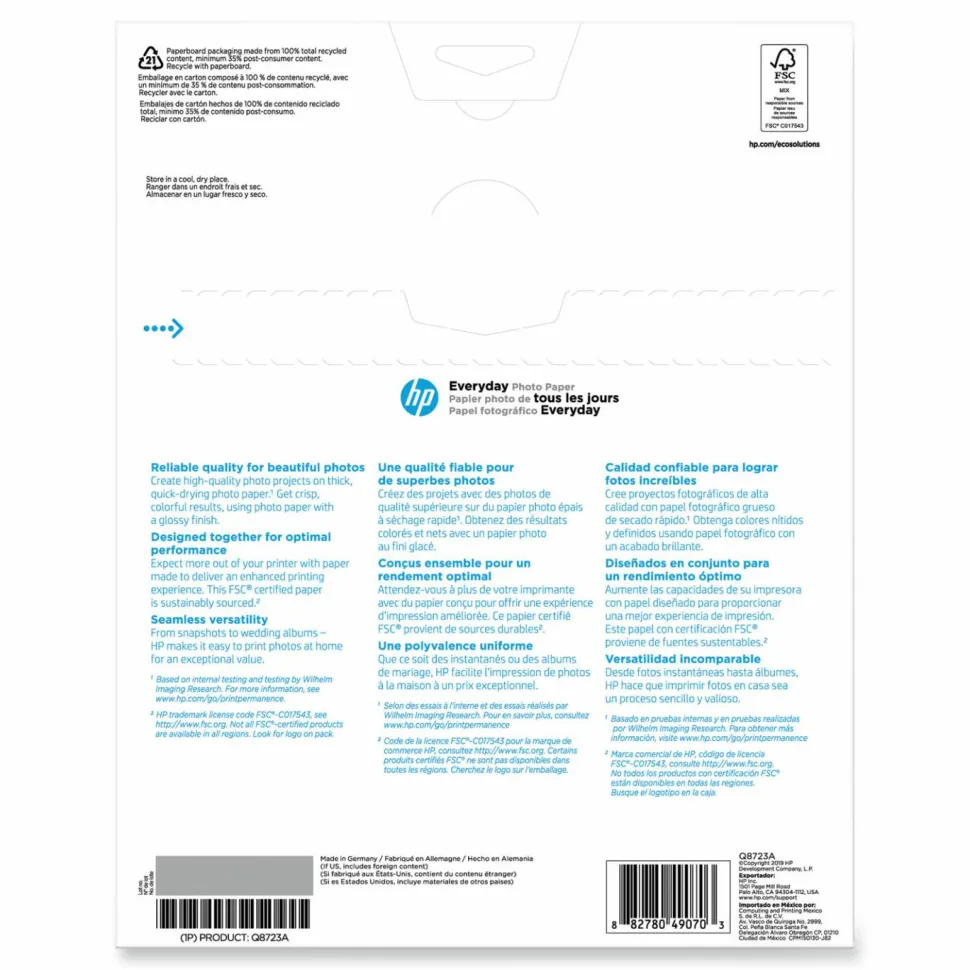 HP Everyday Photo Paper for Inkjet Printers, Glossy, Letter Size (8 1/2" x 11"), 53 Lb, Pack Of 50 Sheets (Q8723A)