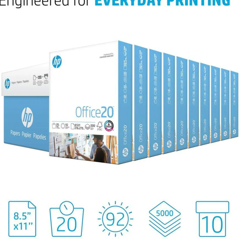 HP Office Multi-Use Printer & Copy Paper, White, Letter (8.5" x 11"), 5000 Sheets Per Case, 20 Lb, 92 Brightness