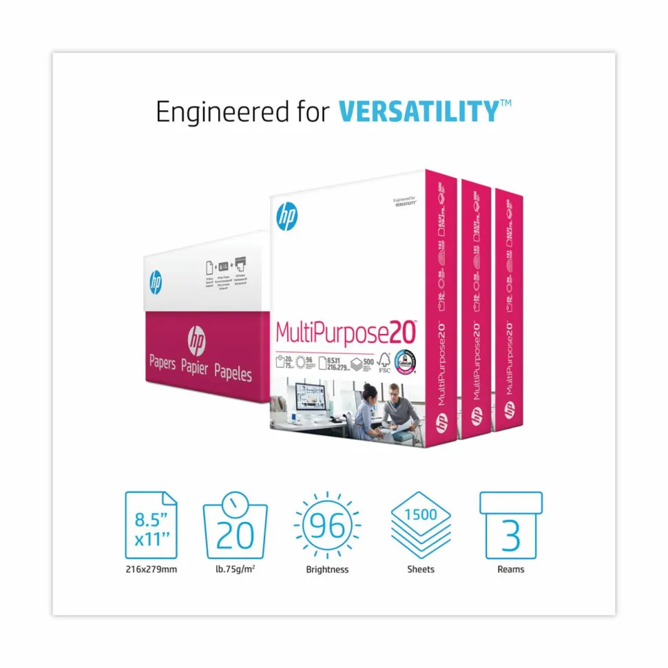 HP Papers MultiPurpose20 Paper, 96 Bright, 20 lb Bond Weight, 8.5 x 11, White, 500 Sheets/Ream, 3 Reams/Carton