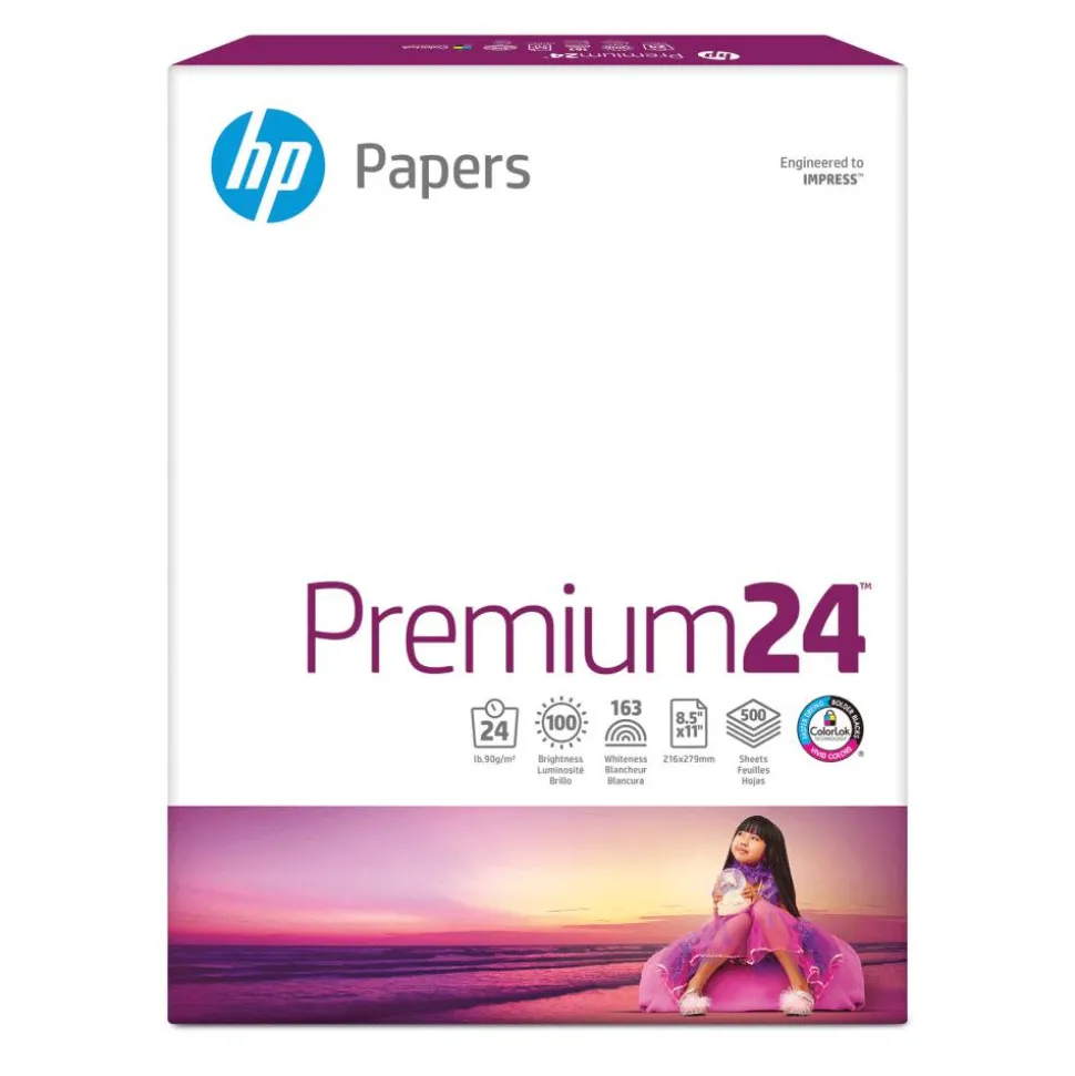 HP Premium24 Laser Paper, 1 Ream, Smooth, White, Letter Size (8 1/2" x 11"), Ream Of 500 Sheets, 24 Lb, 100 Brightness