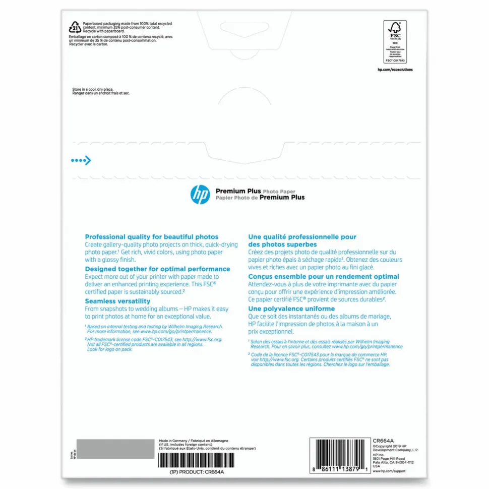 HP Premium Plus Photo Paper for Inkjet Printers, Glossy, Letter Size (8 1/2" x 11"), 80 Lb, Pack Of 50 Sheets (CR664A)