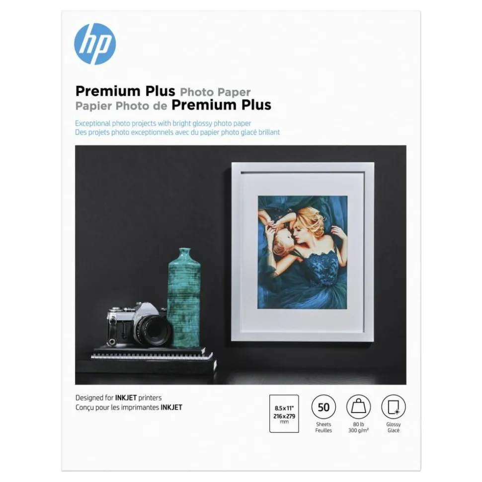 HP Premium Plus Photo Paper for Inkjet Printers, Glossy, Letter Size (8 1/2" x 11"), 80 Lb, Pack Of 50 Sheets (CR664A)