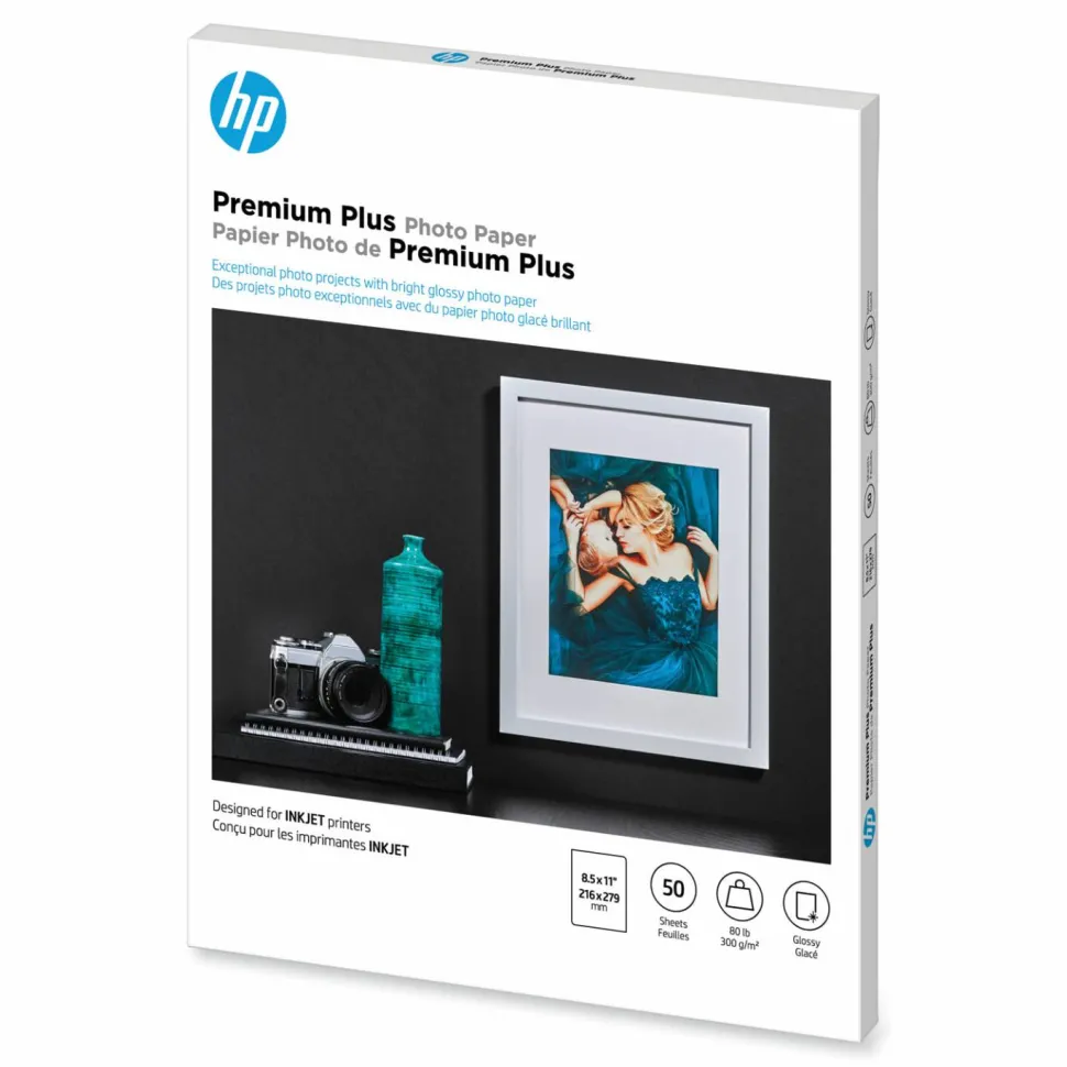 HP Premium Plus Photo Paper for Inkjet Printers, Glossy, Letter Size (8 1/2" x 11"), 80 Lb, Pack Of 50 Sheets (CR664A)