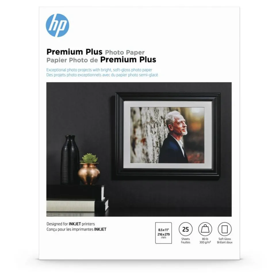 HP Premium Plus Photo Paper for Inkjet Printers, Soft Gloss, Letter Size (8 1/2" x 11"), 80 Lb., Pack Of 25 Sheets (CR671A)