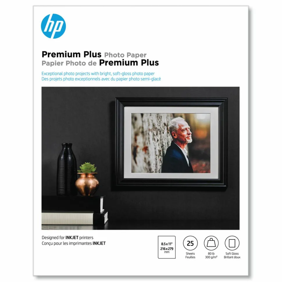 HP Premium Plus Photo Paper for Inkjet Printers, Soft Gloss, Letter Size (8 1/2" x 11"), 80 Lb., Pack Of 25 Sheets (CR671A)