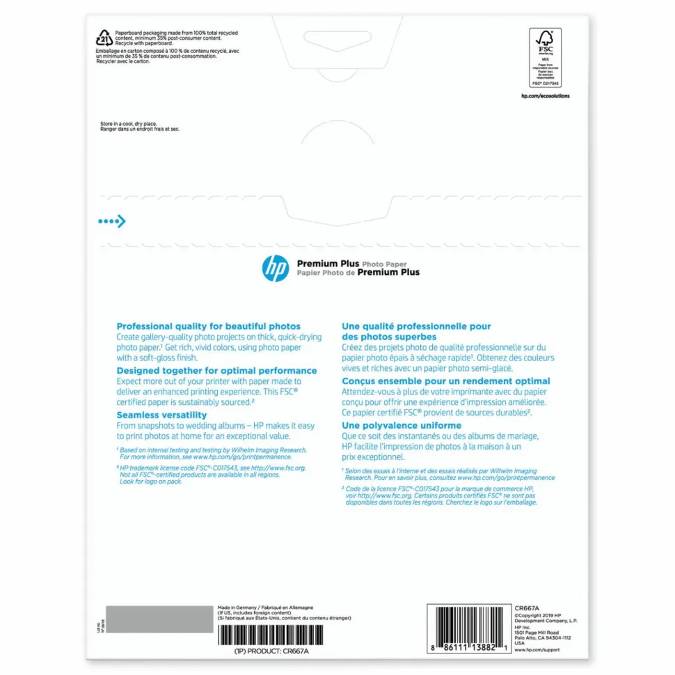 HP Premium Plus Photo Paper for Inkjet Printers, Soft Gloss, Letter Size (8 1/2" x 11"), 80 Lb, Pack Of 50 Sheets (CR667A)