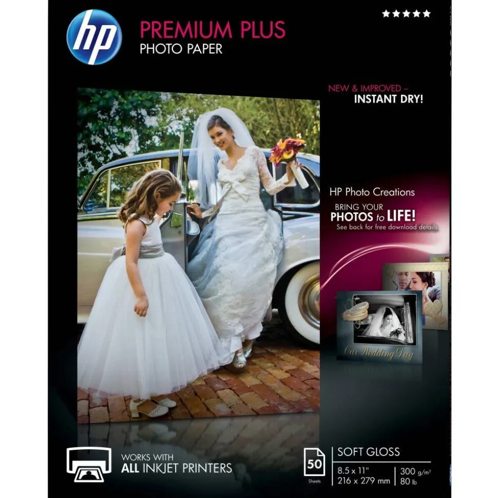 HP Premium Plus Photo Paper for Inkjet Printers, Soft Gloss, Letter Size (8 1/2" x 11"), 80 Lb, Pack Of 50 Sheets (CR667A)