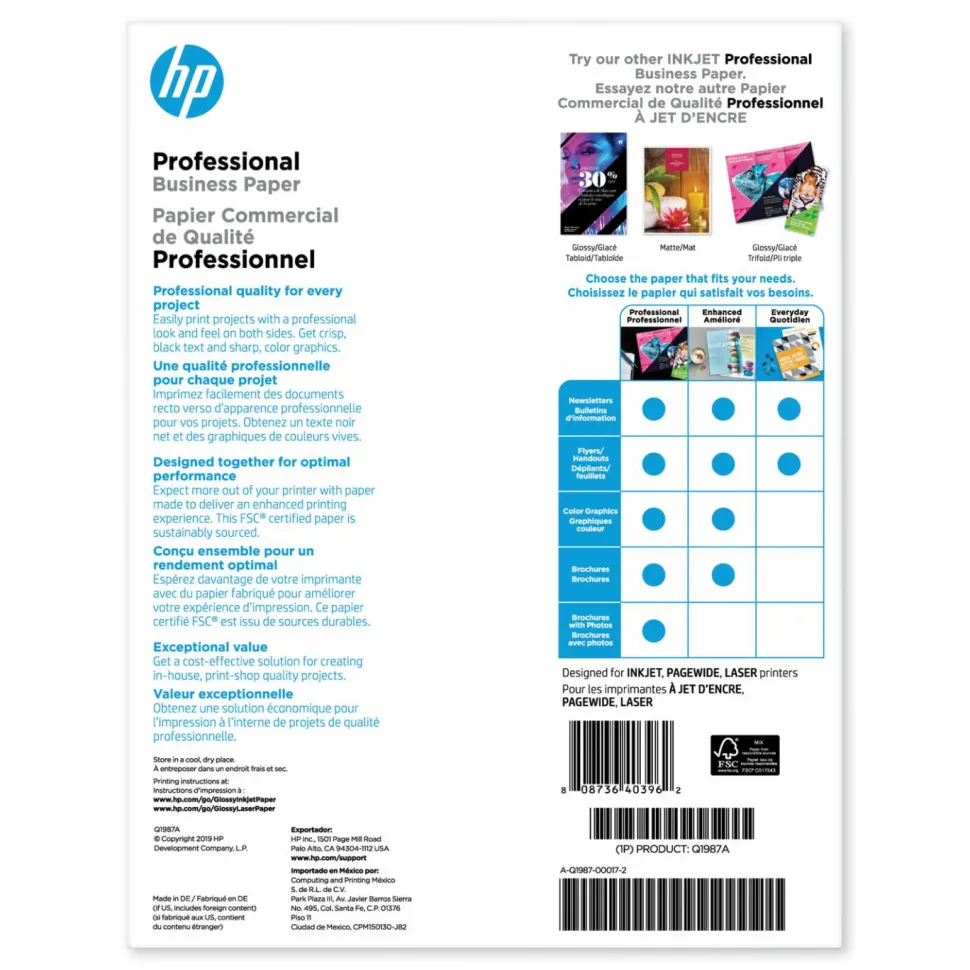 HP Professional Q1987A Business Printer Paper, Glossy White, Letter (8.5" x 11"), 150 Sheets Per Pack, 48 Lb, 97 Brightness