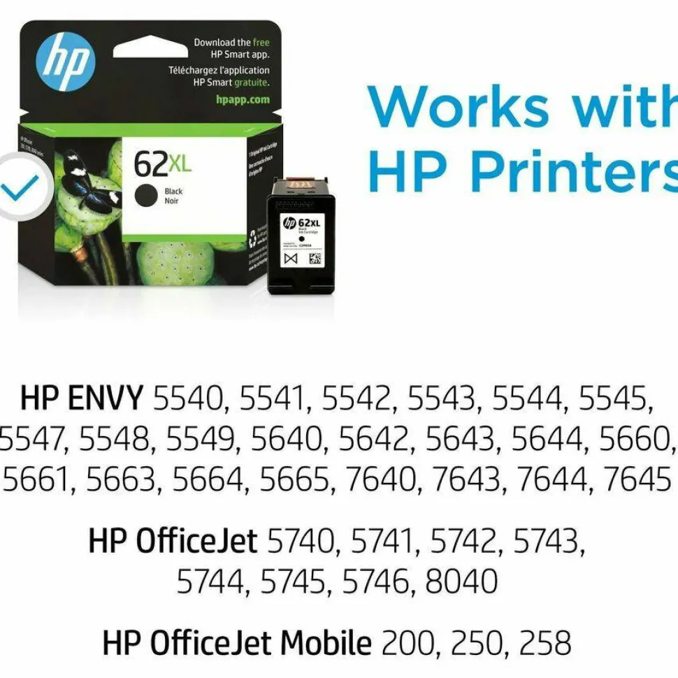 HP 62XL Black High-Yield Ink Cartridge, C2P05AN