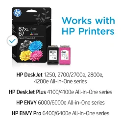 HP 67XL Black/67 Tri-Color High-Yield Ink Cartridges, Pack Of 2, 3YP30AN