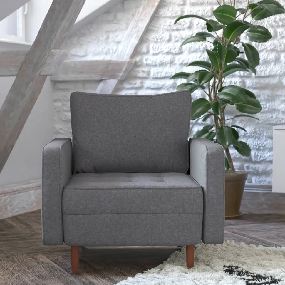 Hudson Mid-Century Modern Commercial Grade Armchair with Tufted Faux Linen Upholstery & Solid Wood Legs in Dark Gray
