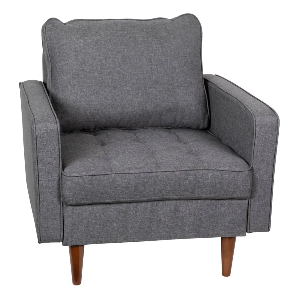 Hudson Mid-Century Modern Commercial Grade Armchair with Tufted Faux Linen Upholstery & Solid Wood Legs in Dark Gray