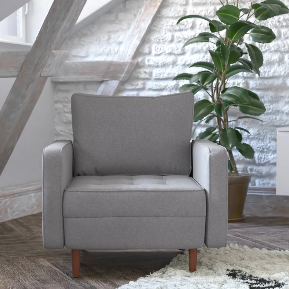 Hudson Mid-Century Modern Commercial Grade Armchair with Tufted Faux Linen Upholstery & Solid Wood Legs in Slate Gray