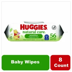 Huggies Natural Care Sensitive Baby Wipes, 1-Ply, 3.88 x 6.6, Unscented, White, 56/Pack, 8 Packs/Carton