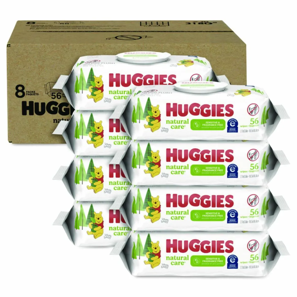 Huggies Natural Care Sensitive Baby Wipes, 1-Ply, 3.88 x 6.6, Unscented, White, 56/Pack, 8 Packs/Carton