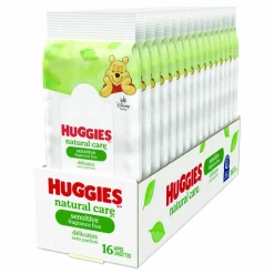 Huggies Natural Care Sensitive Baby Wipes, 6.6 x 6.86, Unscented, White, 16/Pack, 16 Packs/Carton