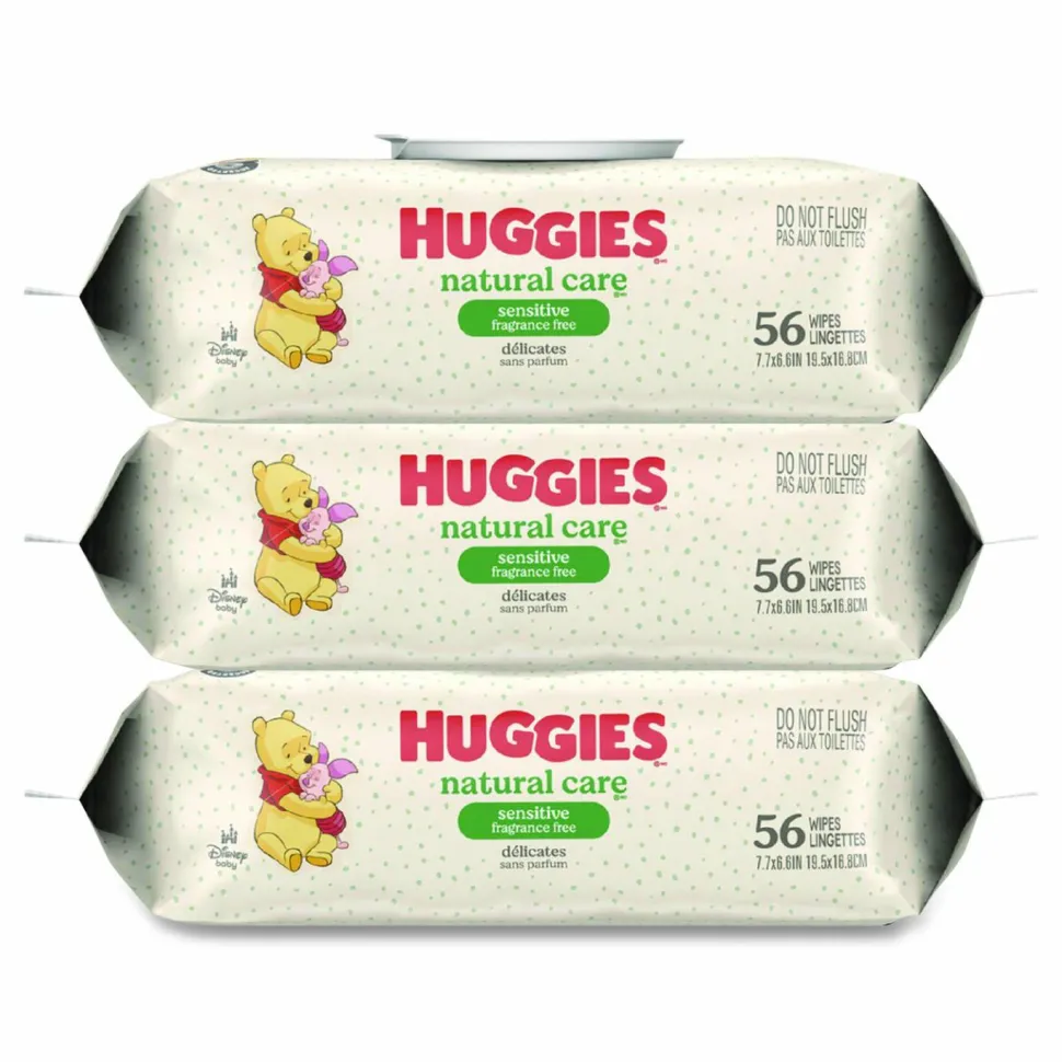Huggies Natural Care Sensitive Baby Wipes, 6.6 x 6.86, Unscented, White, 56 Wipes/Pack, 3 Packs/Carton