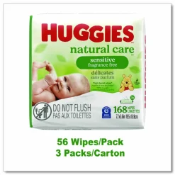 Huggies Natural Care Sensitive Baby Wipes, 6.6 x 6.86, Unscented, White, 56 Wipes/Pack, 3 Packs/Carton