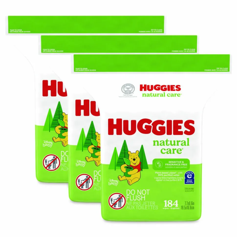 Huggies Natural Care Sensitive Baby Wipes, 1-Ply, 3.88 x 6.6, Unscented, White, 184/Pack, 3 Packs/Carton