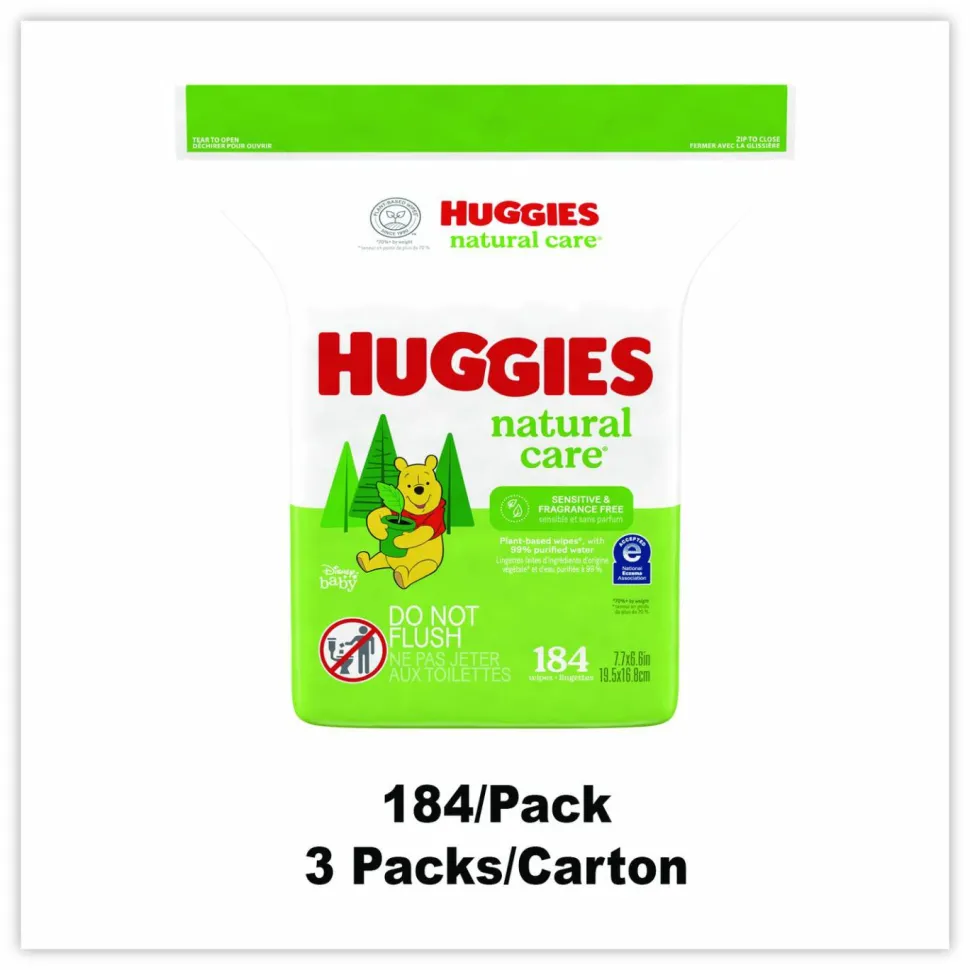 Huggies Natural Care Sensitive Baby Wipes, 1-Ply, 3.88 x 6.6, Unscented, White, 184/Pack, 3 Packs/Carton