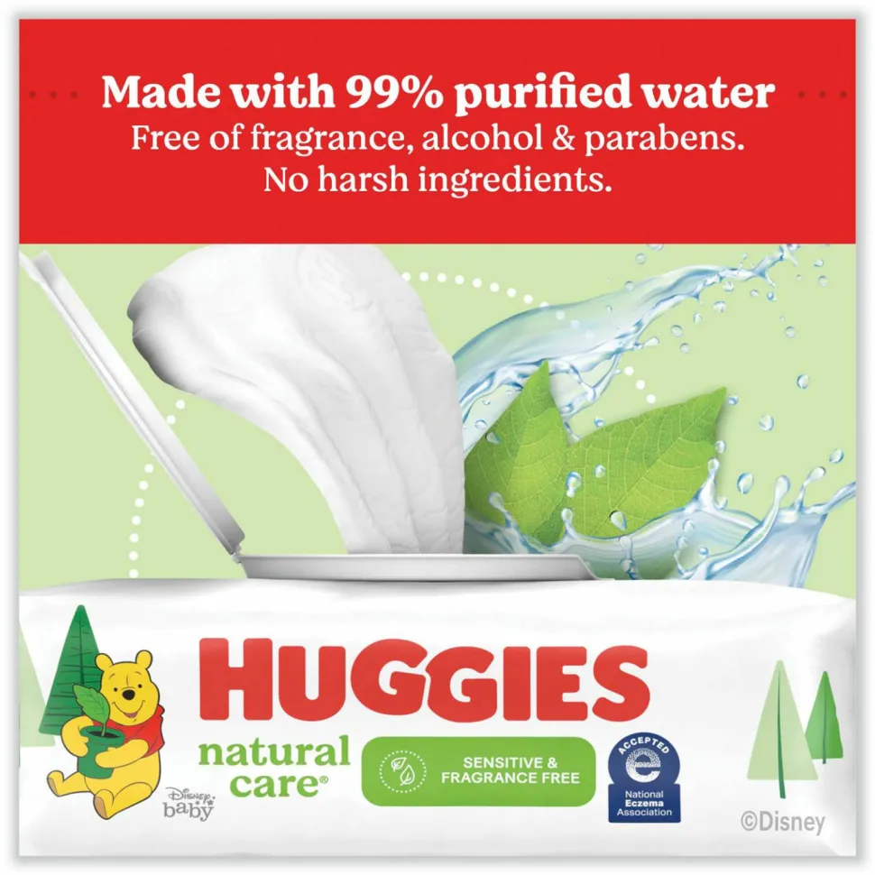 Huggies Natural Care Sensitive Baby Wipes, 1-Ply, 3.88 x 6.6, Unscented, White, 184/Pack, 3 Packs/Carton