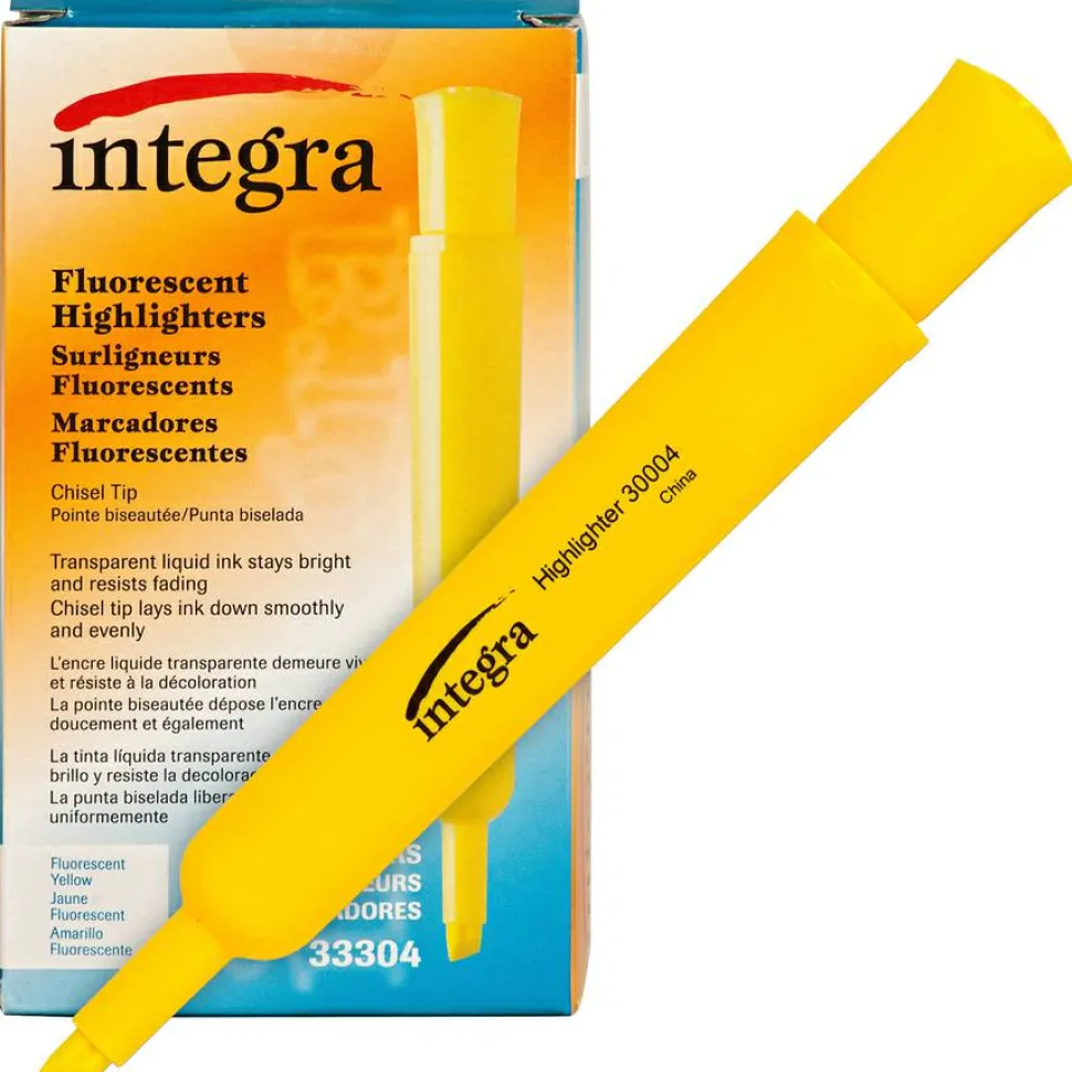Integra Chisel Desk Liquid Highlighters - Chisel Marker Point Style - Yellow Water Based Ink - Yellow Barrel - 1 Dozen