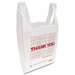 Inteplast Group HDPE T-Shirt Bags, Thank You - Have a Nice Day Labeling, Cut-Out Handles, 12" x 7" x 23", White/Red, 500/Carton