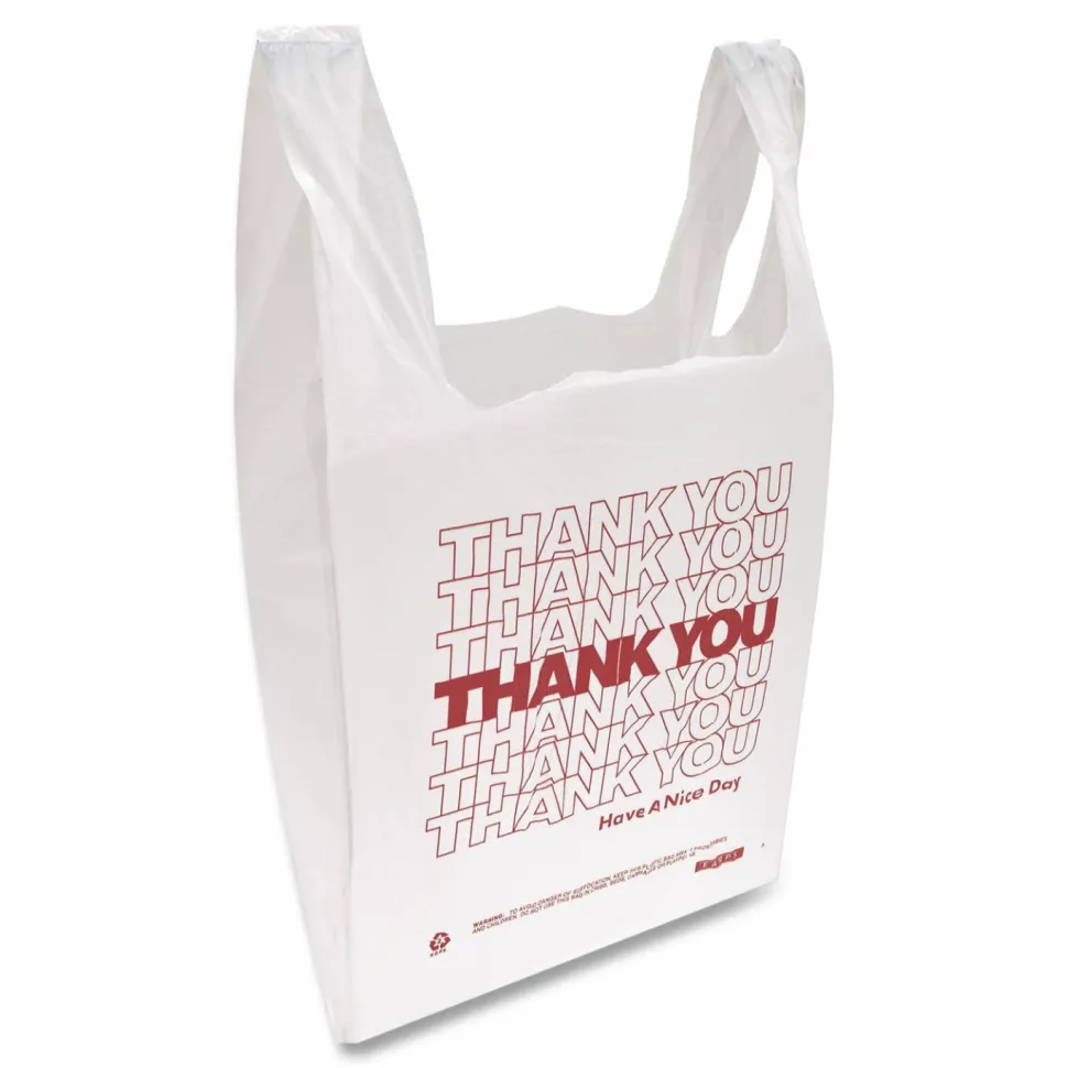 Inteplast Group HDPE T-Shirt Bags, Thank You - Have a Nice Day Labeling, Cut-Out Handles, 12" x 7" x 23", White/Red, 500/Carton