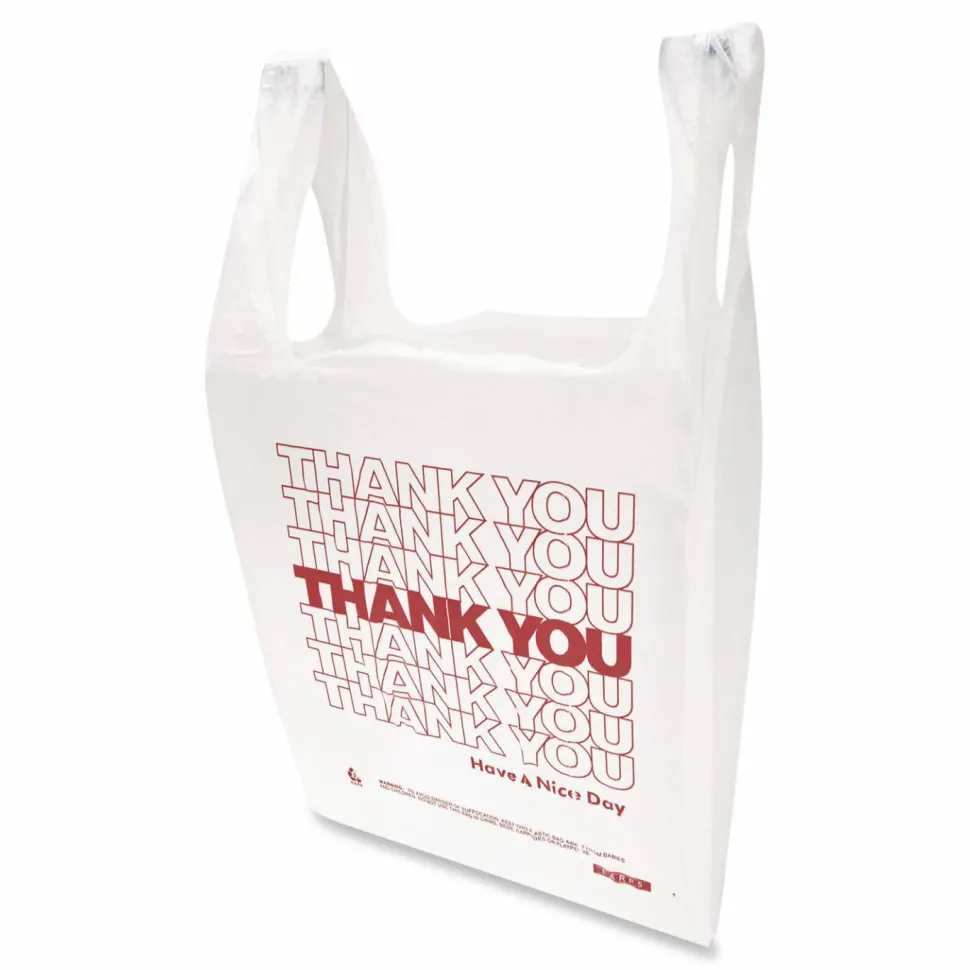 Inteplast Group HDPE T-Shirt Bags, Thank You - Have a Nice Day Labeling, Cut-Out Handles, 12" x 7" x 23", White/Red, 500/Carton