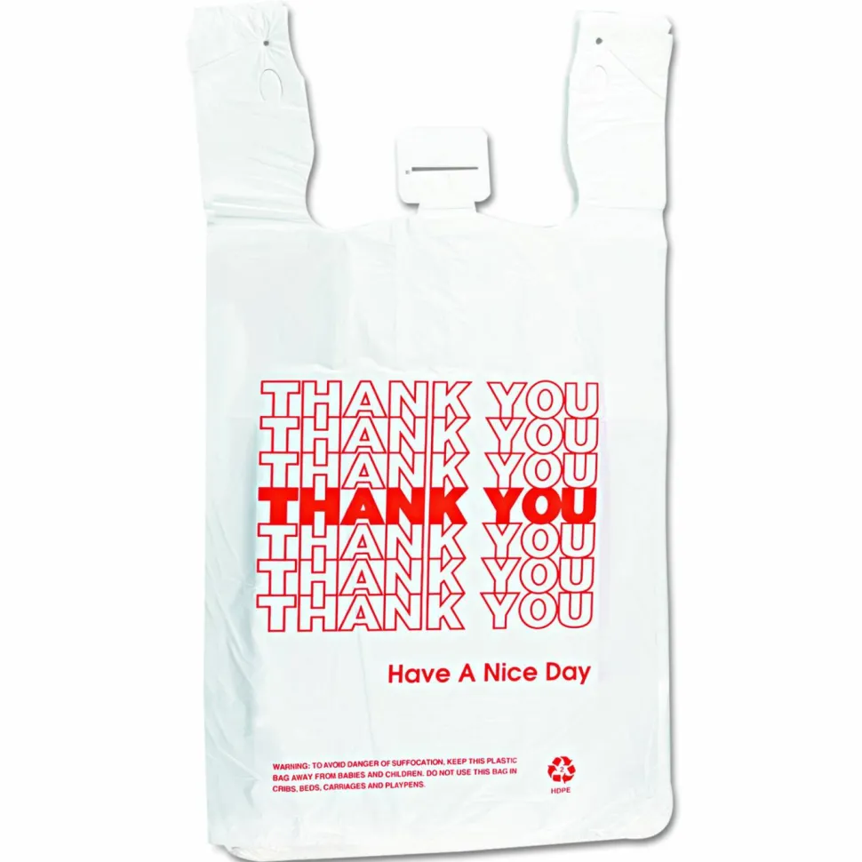 Inteplast Group HDPE T-Shirt Bags, Thank You - Have a Nice Day Labeling, Cut-Out Handles, 12" x 7" x 23", White/Red, 500/Carton