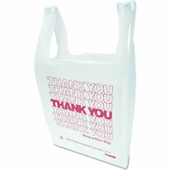 Inteplast Group "Thank You" Handled T-Shirt Bag, Have a Nice Day Labeling, Cut-Out Handles, 11.5" x 6.5" x 21", White/Red, 900/Carton