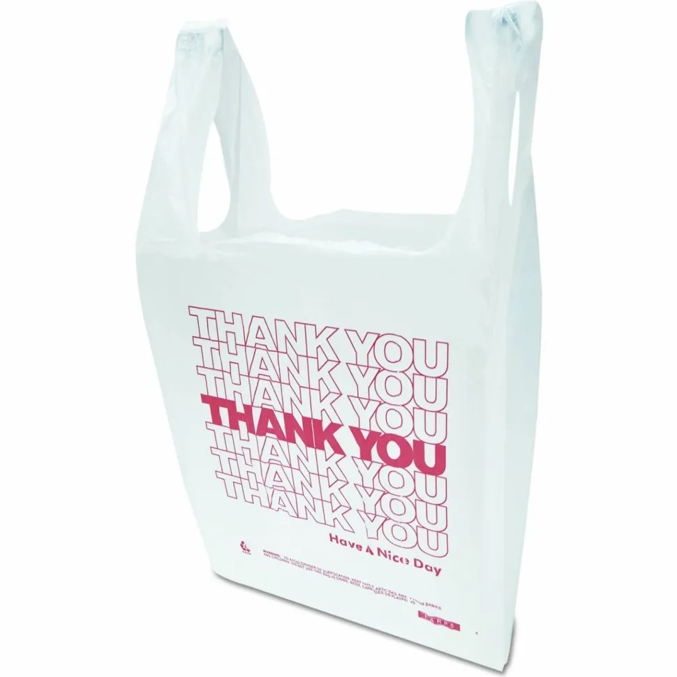 Inteplast Group "Thank You" Handled T-Shirt Bag, Have a Nice Day Labeling, Cut-Out Handles, 11.5" x 6.5" x 21", White/Red, 900/Carton
