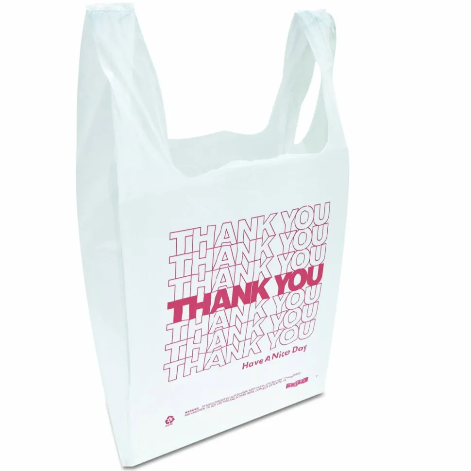 Inteplast Group "Thank You" Handled T-Shirt Bag, Have a Nice Day Labeling, Cut-Out Handles, 11.5" x 6.5" x 21", White/Red, 900/Carton