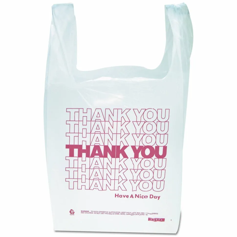 Inteplast Group "Thank You" Handled T-Shirt Bag, Have a Nice Day Labeling, Cut-Out Handles, 11.5" x 6.5" x 21", White/Red, 900/Carton