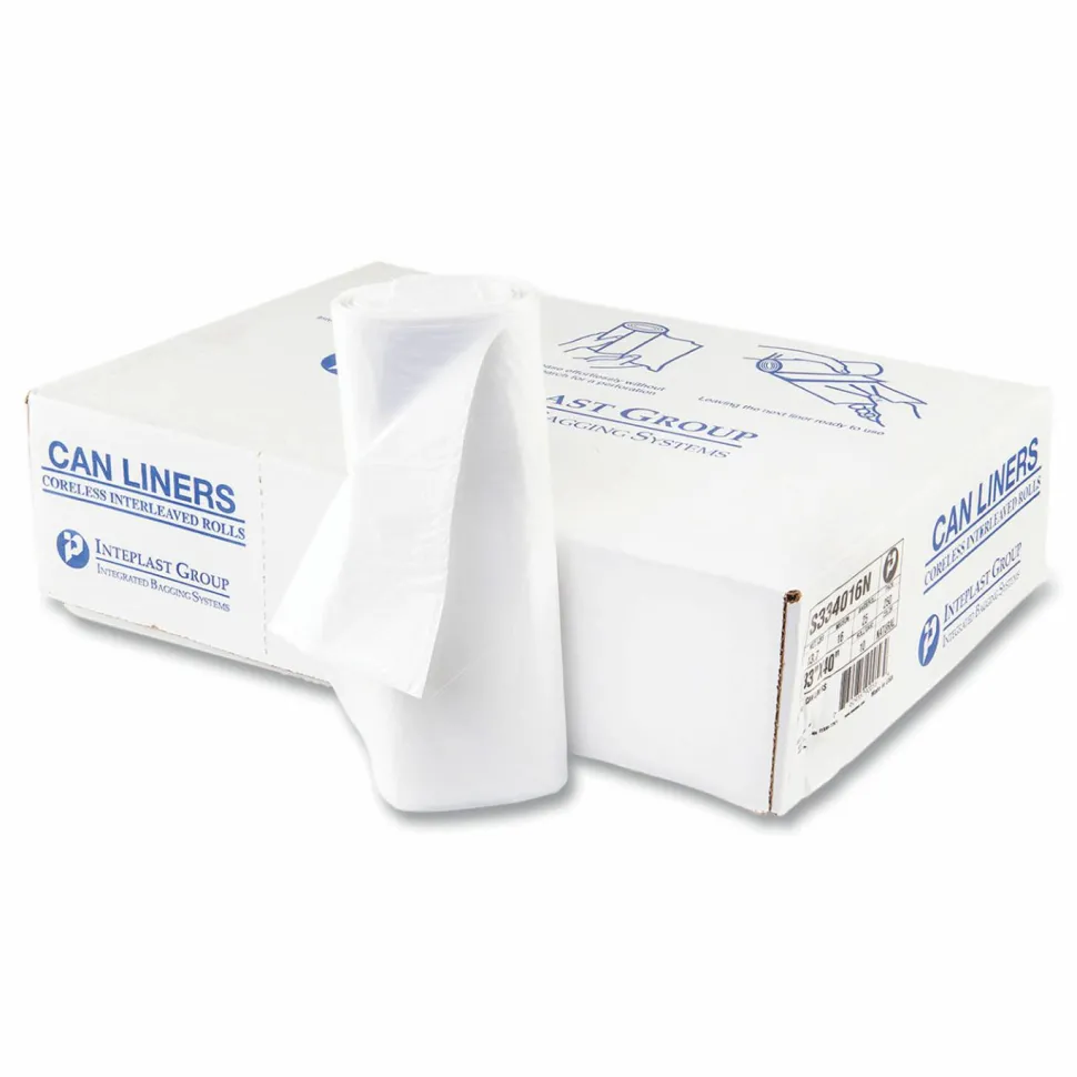 Inteplast Group High-Density Commercial Can Liners, 33 gal, 16 mic, 33" x 40", Clear, Interleaved Roll, 25 Bags/Roll, 10 Rolls/Carton