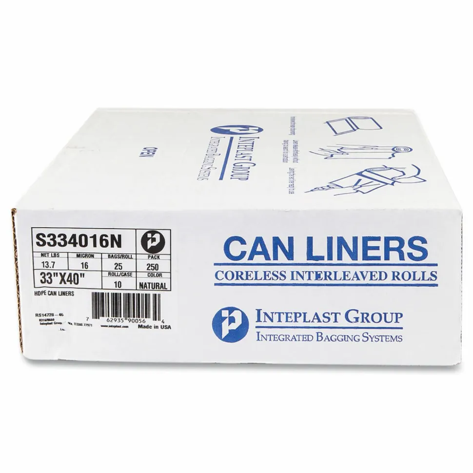 Inteplast Group High-Density Commercial Can Liners, 33 gal, 16 mic, 33" x 40", Clear, Interleaved Roll, 25 Bags/Roll, 10 Rolls/Carton