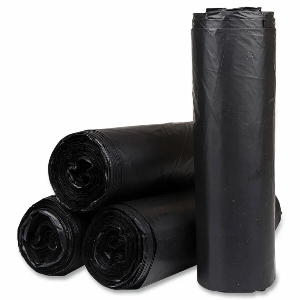 Inteplast Group High-Density Commercial Can Liners, 45 gal, 22 mic, 40" x 48", Black, Interleaved Roll, 25 Bags/Roll, 6 Rolls/Carton