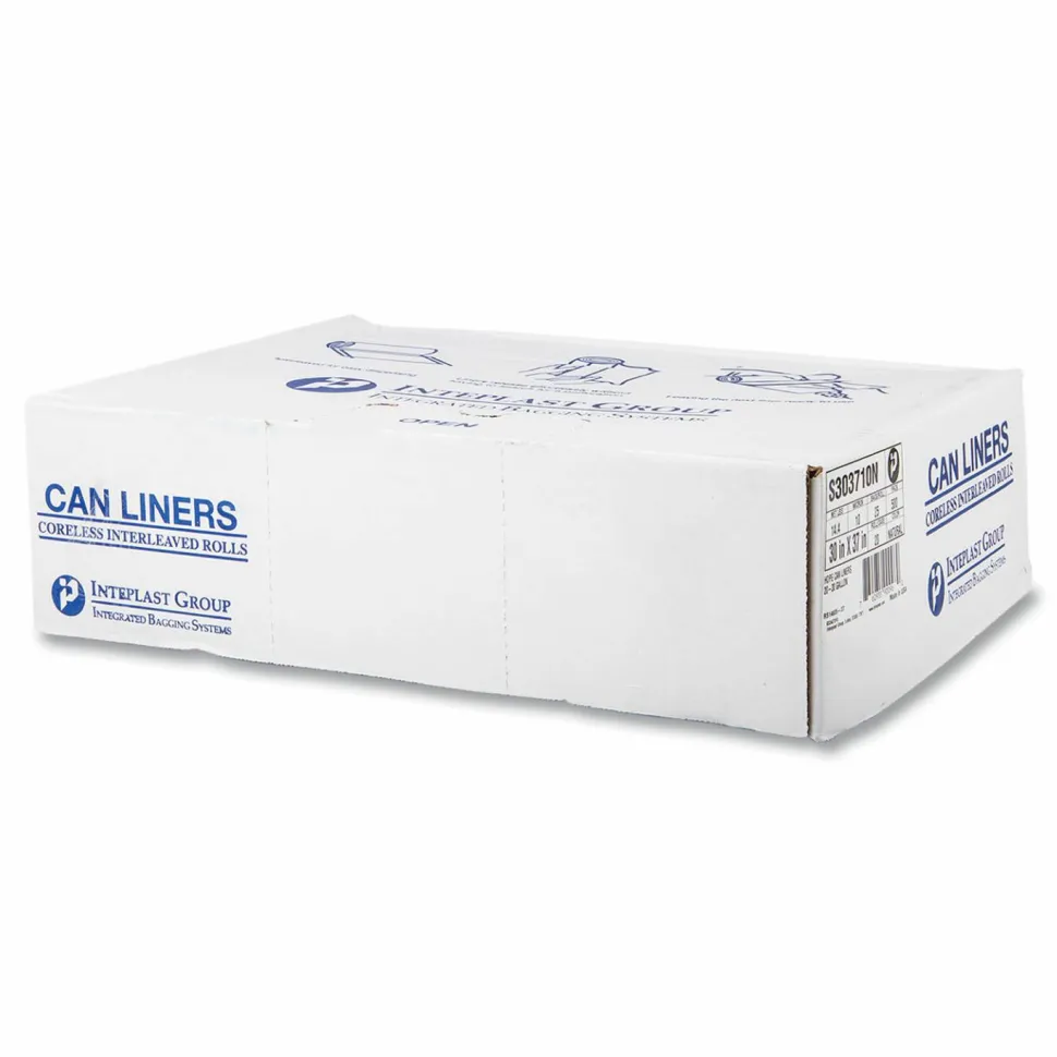 Inteplast Group High-Density Commercial Can Liners, 30 gal, 10 mic, 30" x 37", Clear, Interleaved Roll, 25 Bags/Roll, 20 Rolls/Carton