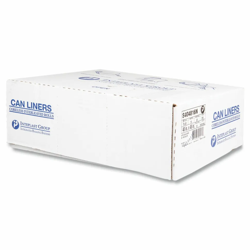 Inteplast Group High-Density Commercial Can Liners, 45 gal, 16 mic, 40" x 48", Clear, Interleaved Roll, 25 Bags/Roll, 10 Rolls/Carton