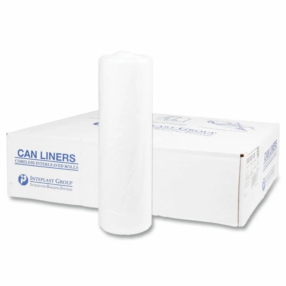 Inteplast Group High-Density Commercial Can Liners, 45 gal, 14 mic, 40" x 48", Clear, Interleaved Roll, 25 Bags/Roll, 10 Rolls/Carton
