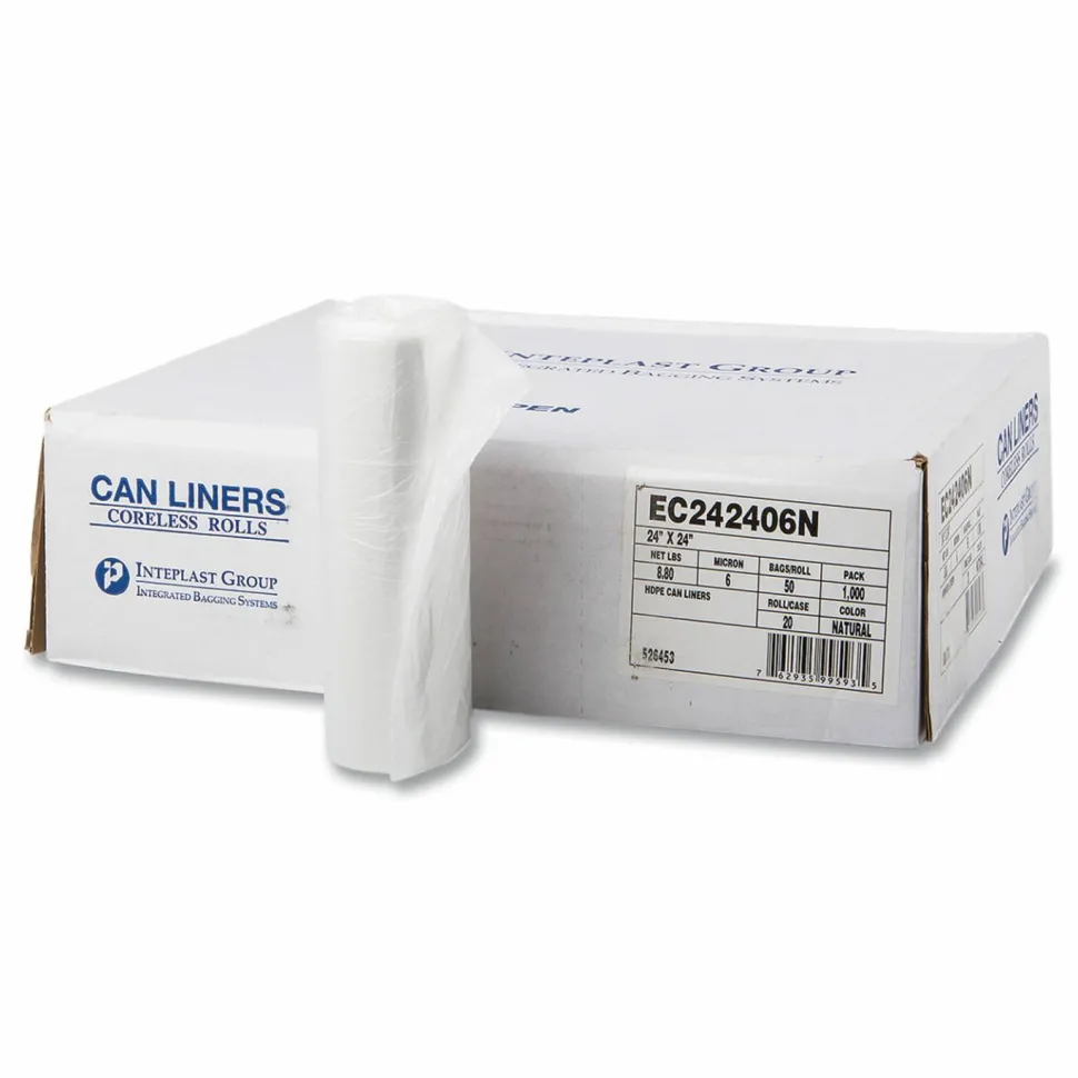 Inteplast Group High-Density Commercial Can Liners, 10 gal, 6 mic, 24" x 24", Natural, Perforated Roll, 50 Bags/Roll, 20 Rolls/Carton